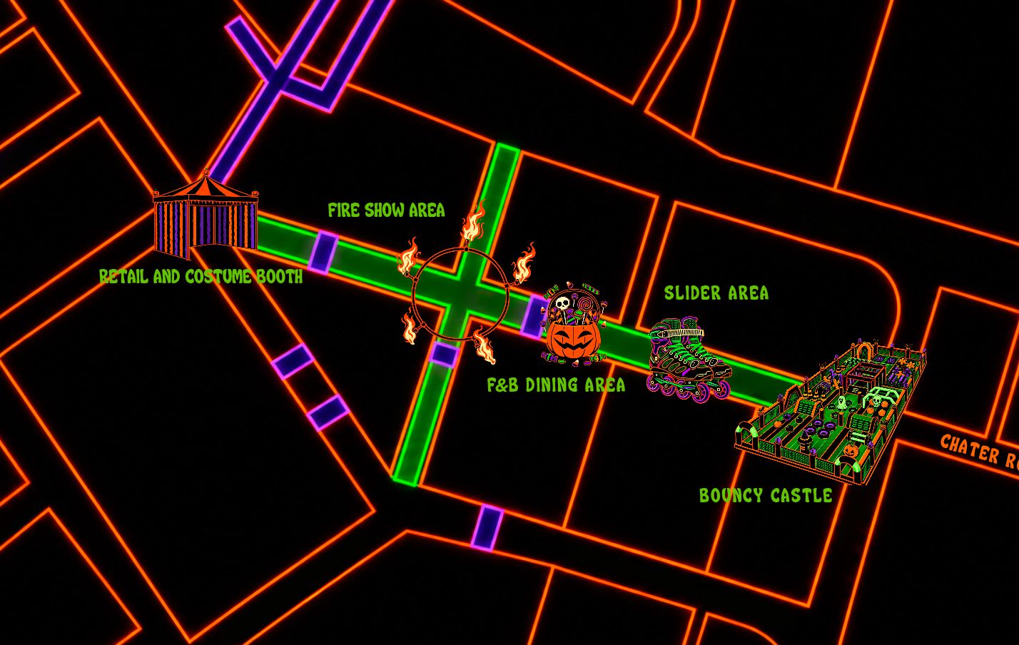 Chater Road activity map: retail and costume booth, fire show area, food and beverage dining area, slider area and bouncy castle