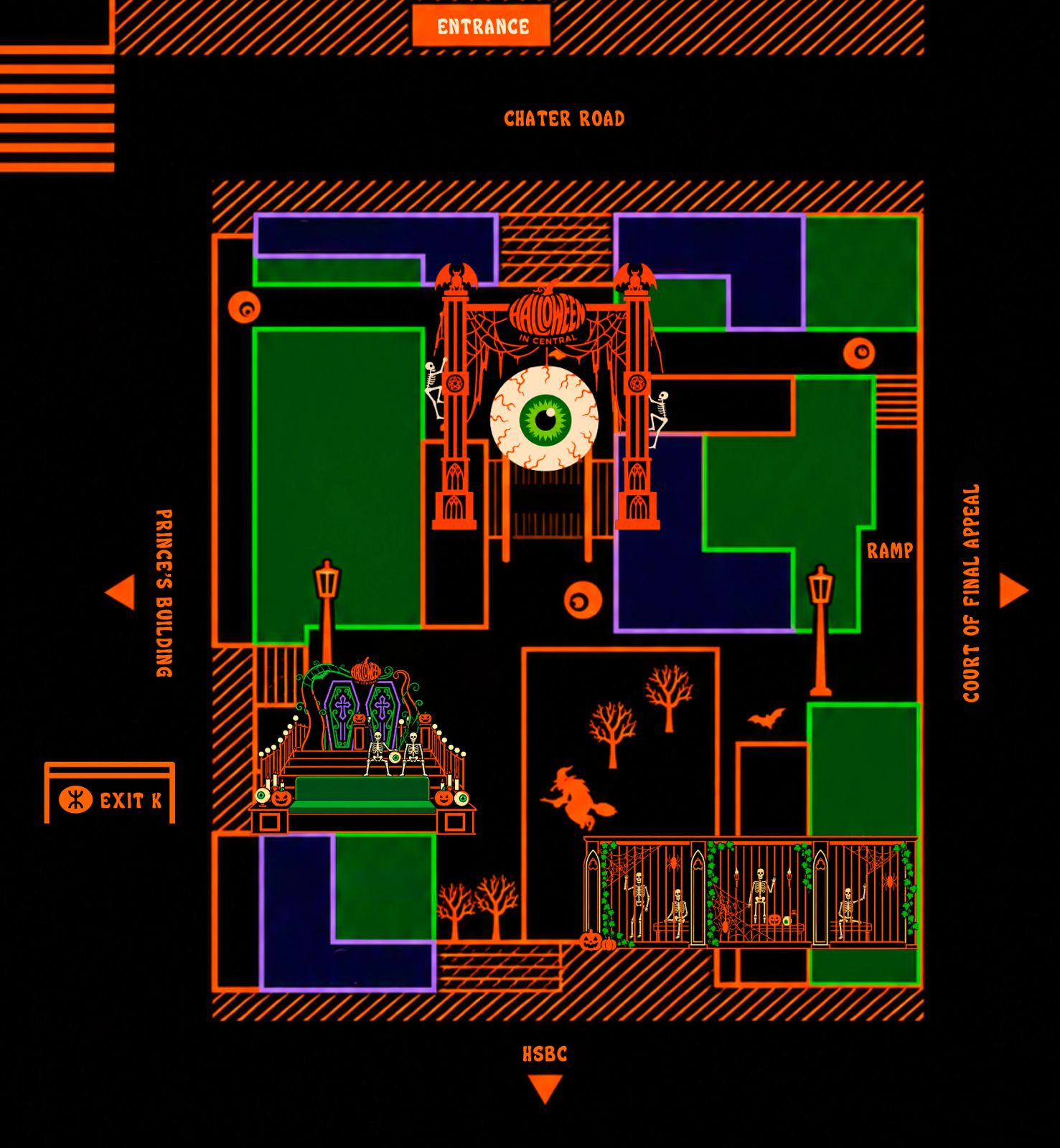 Statue Square Gardens, South map: eyeball gateway, coffin photo spot and skeleton installation, with Chater Road, Exit K, ramp and nearby landmarks
